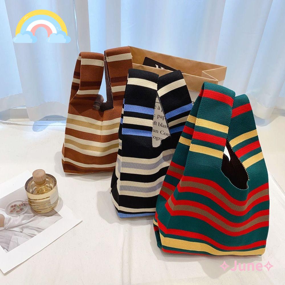 JUNE Túi Xách Đan Len Họa Tiết Sọc Thời Trang Dành Cho Nữ