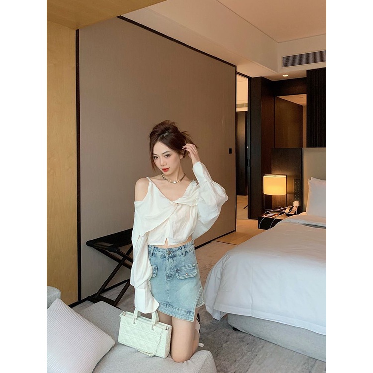 Áo Sơ Mi Trễ Vai Tay Dài Màu Trơn Thời Trang Hàn Quốc