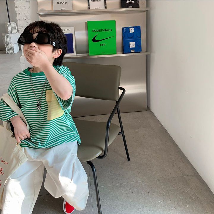 Áo Thun 100% Cotton Tay Ngắn Kẻ Sọc Màu Xanh Lá Thời Trang Mùa Hè Cho Bé Trai