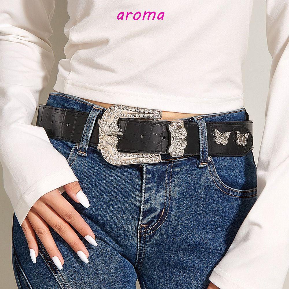 AROMA Thắt Lưng Da PU Bản Rộng Y2k Khóa Kim Loại Thời Trang Cho Nam Và Nữ