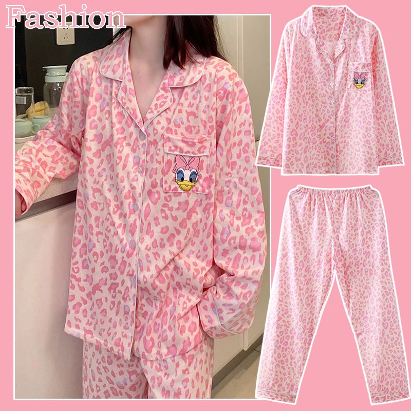 Bộ Đồ Ngủ Bằng Cotton Nguyên Chất Tay Ngắn In Hình Báo Hồng Dễ Thương Thời Trang Mùa Hè Cho Nữ