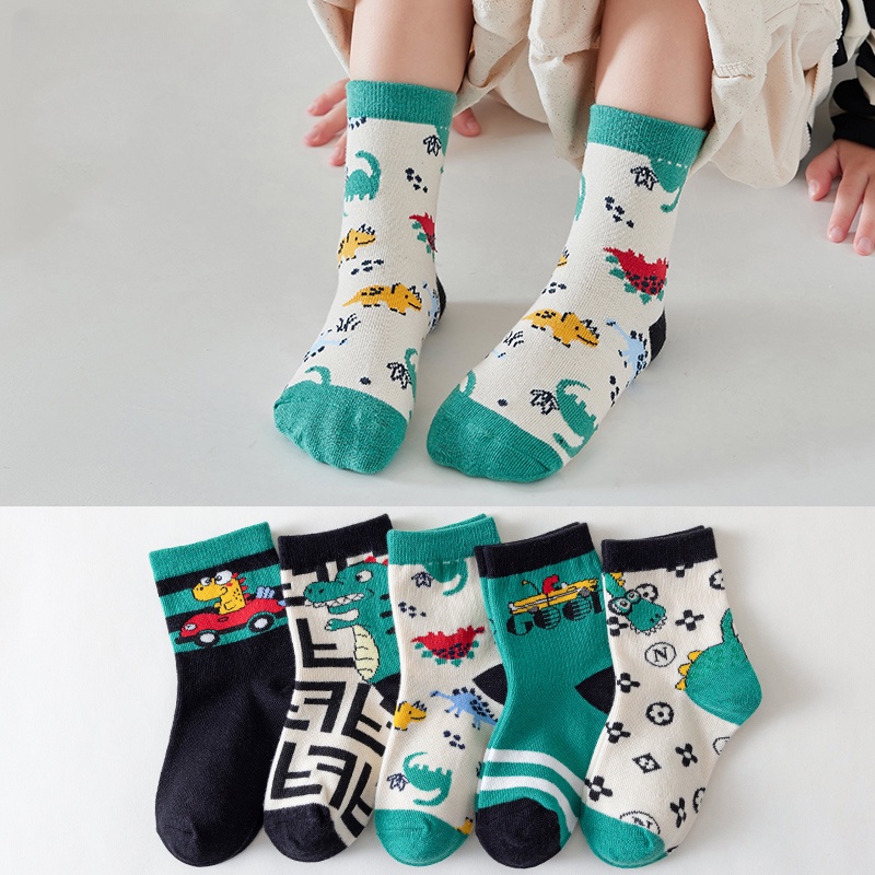 Set 5 Đôi Tất Cotton Dệt Kim Hoạ Tiết Hoạt Hình Xinh Xắn Dành Cho Bé