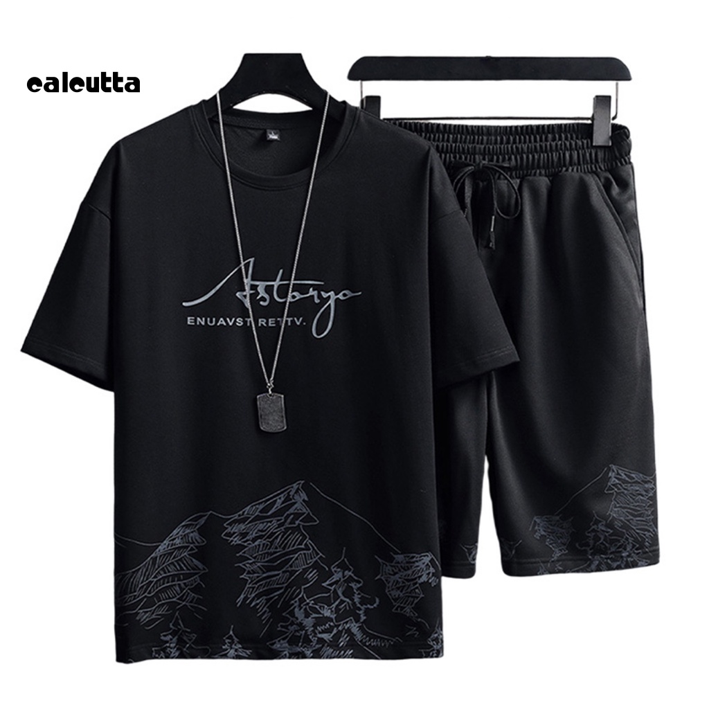 Set Đồ Thể Thao 2 Món Gồm Áo Thun Tay Ngắn Cổ Tròn + Quần Short Dáng Rộng Phối Dây Rút Co Giãn In Họa Tiết Núi