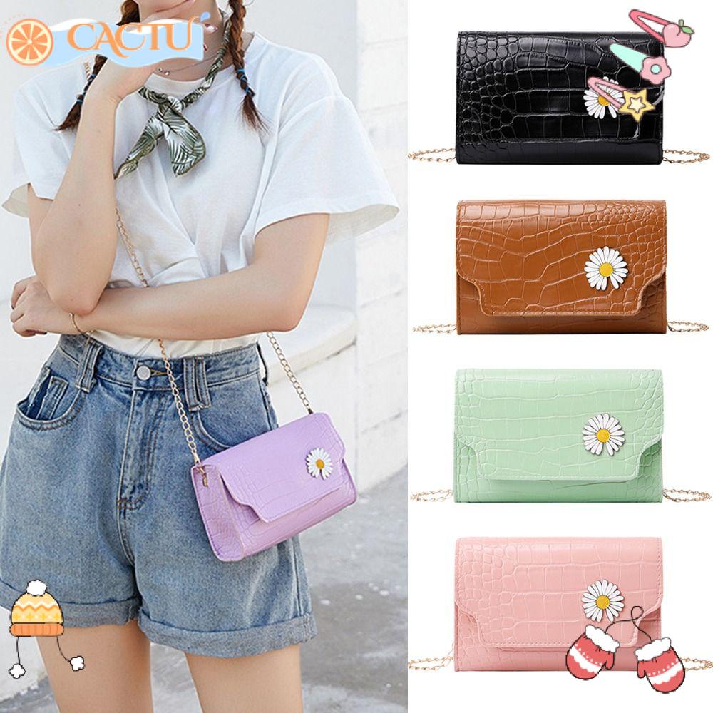 CACTU Túi Xách Da PU Màu Trơn Họa Tiết Hoa Cúc Nhỏ Xinh Phối Dây Đeo Sợi Xích Thời Trang Cho Nữ