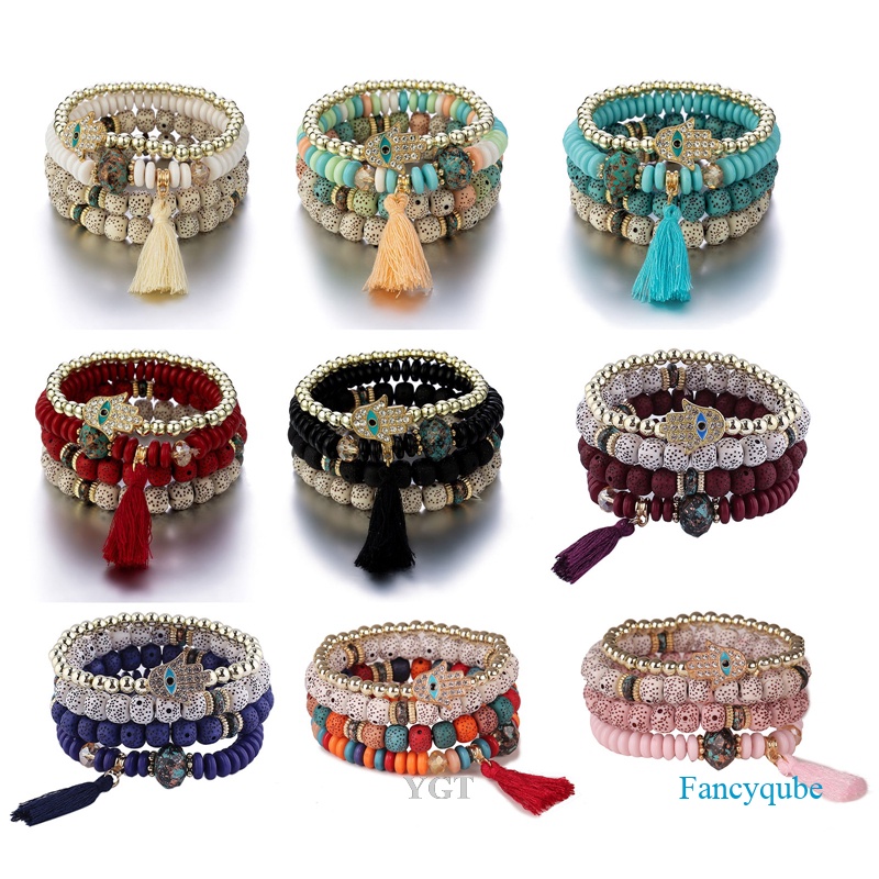 Ygt Set 4 Vòng Tay Hạt Đá Tua Rua Phong Cách Bohemia Cho Nữ