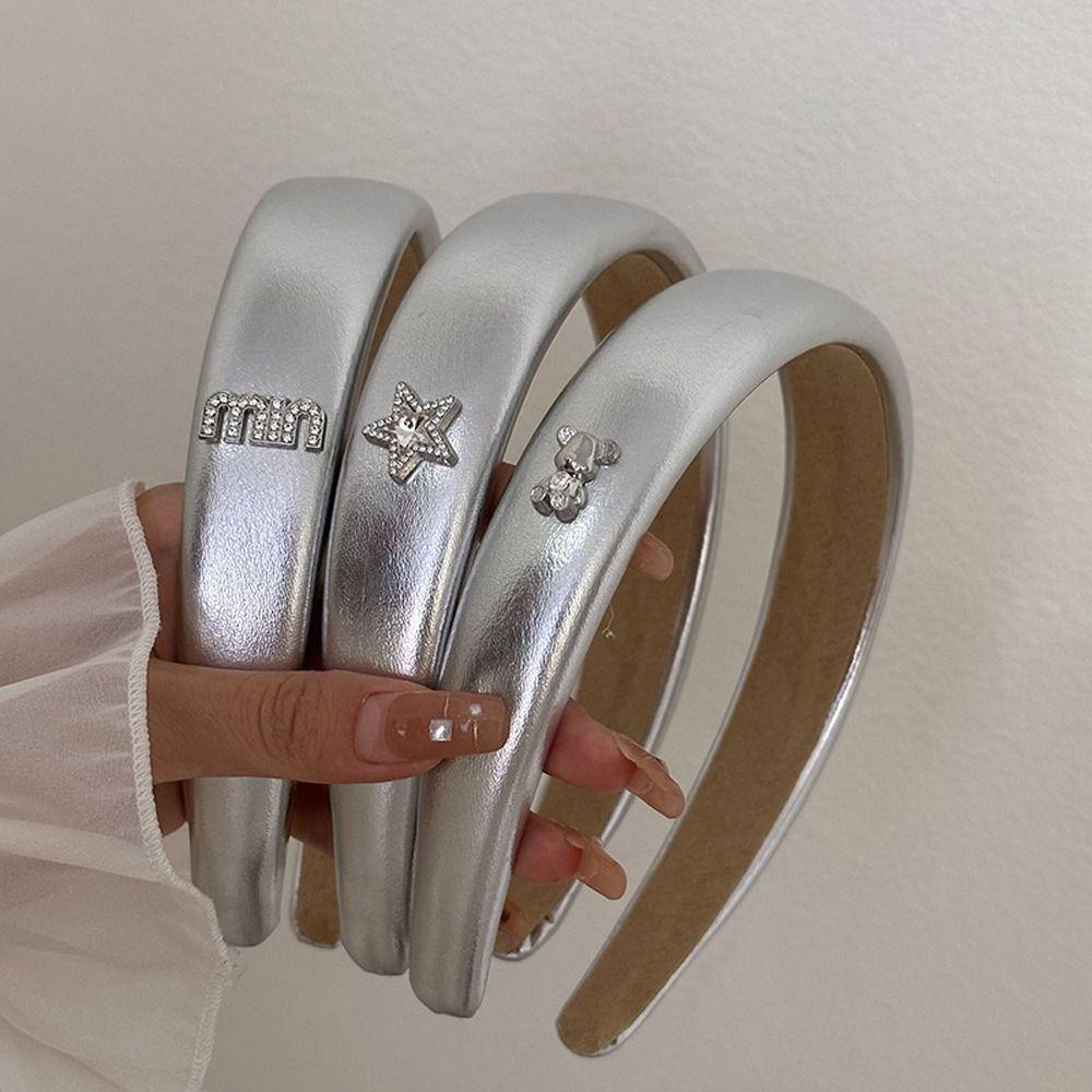 ANEMONE Băng Đô Rửa Mặt Bằng Da Màu Bạc Bản Rộng Chống Trượt Thanh Lịch