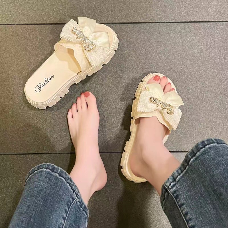 Dép Quai Ngang Đế Dày Đính Nơ Thời Trang Mùa Hè Hàn Quốc Cho Nữ