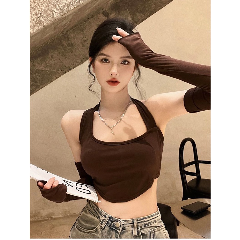 Áo Hai Dây Dáng Ngắn Hở Vai Màu Trơn Quyến Rũ Hợp Thời Trang Cho Nữ 4EH7