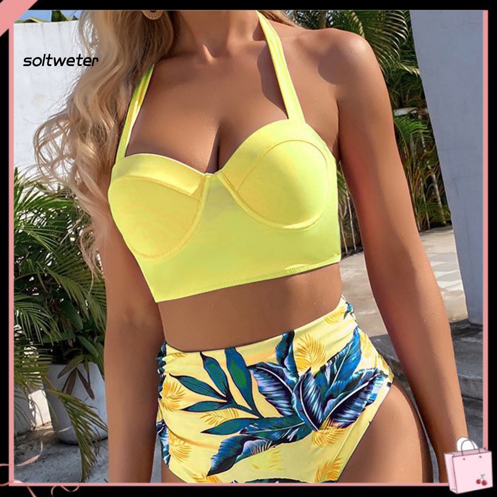 Bộ Đồ Bơi Bikini Hai Mảnh Lưng Cao Có Đệm Ngực In Họa Tiết Lá Cây Dành Cho Nữ