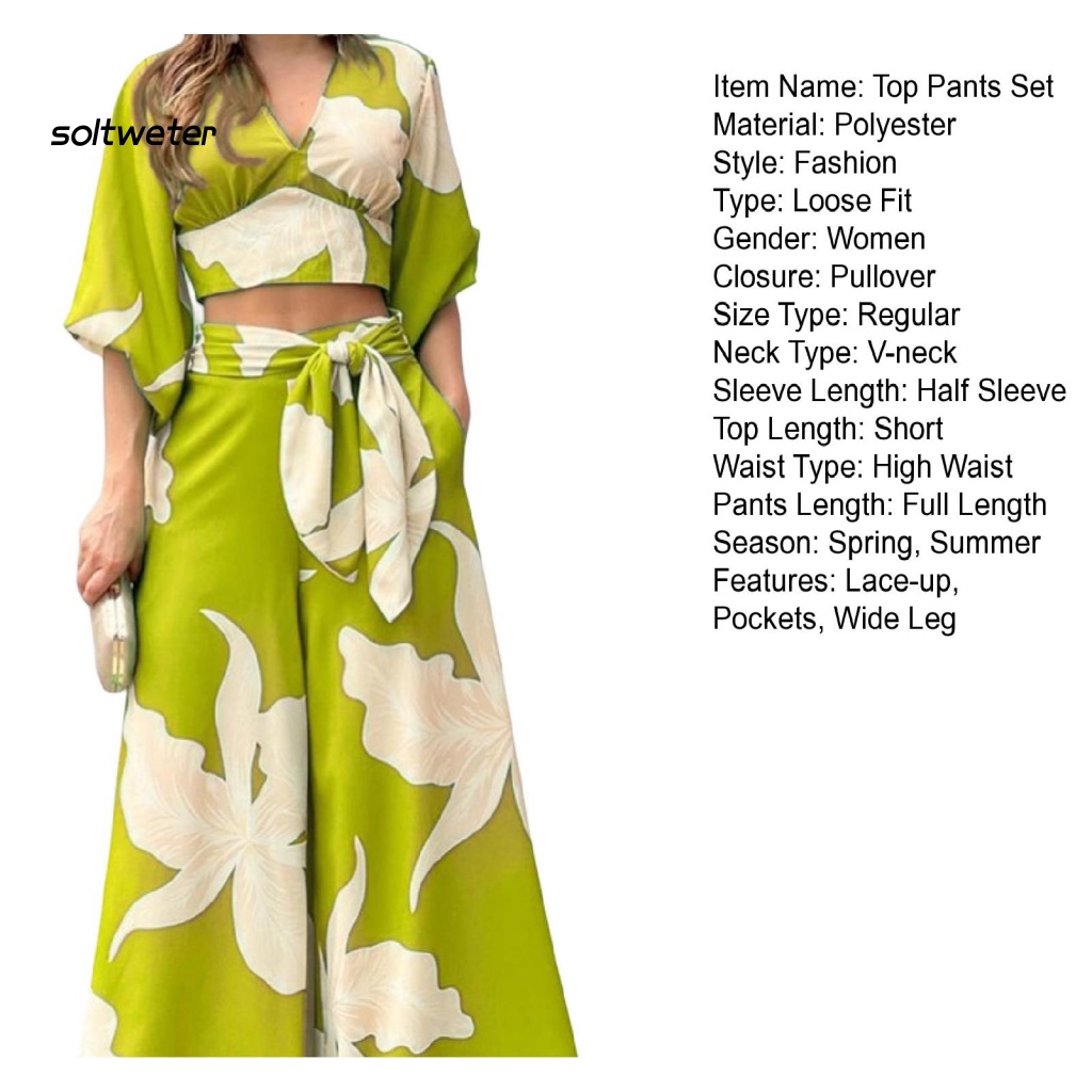 Bộ Trang Phục 2 Mảnh Gồm Áo Croptop Tay Lửng Cổ Chữ V Eo Cao Có Túi In Hoa Và Quần Dài Ống Rộng Thời Trang Công Sở