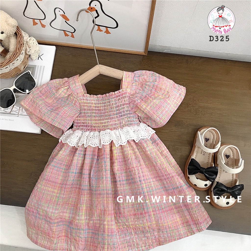 Đầm caro hồng bo chun phối ren giữa eo sành điệu