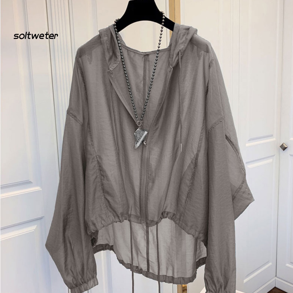 Áo Khoác Chống Nắng Mỏng Tay Dài Màu Trơn Phối Dây Rút Xuyên Thấu Thời Trang Cho Nữ
