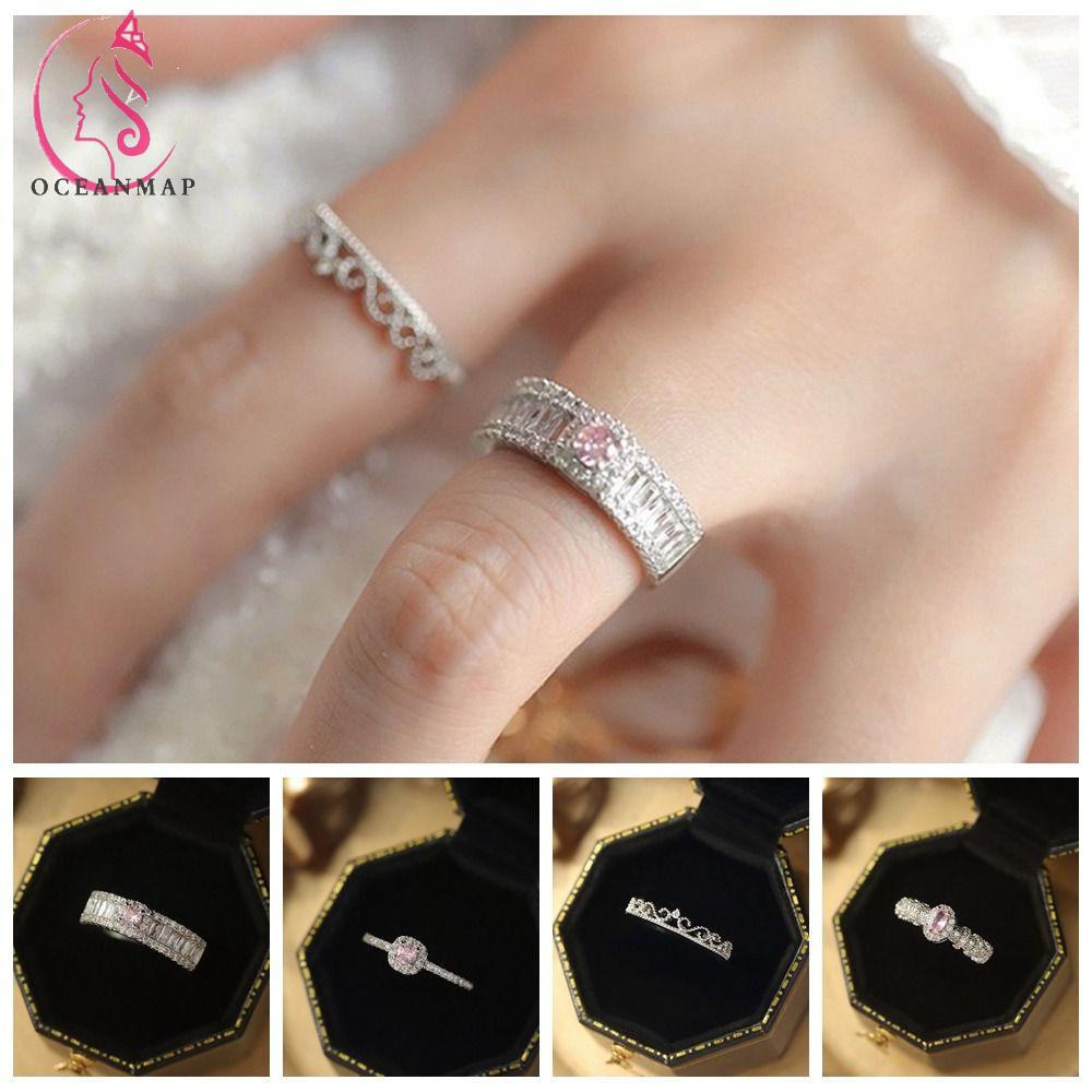 OCEANMAP Nhẫn Đồng Y2k Đính Đá Màu Hồng Ngọt Ngào Có Thể Điều Chỉnh Kích Thước