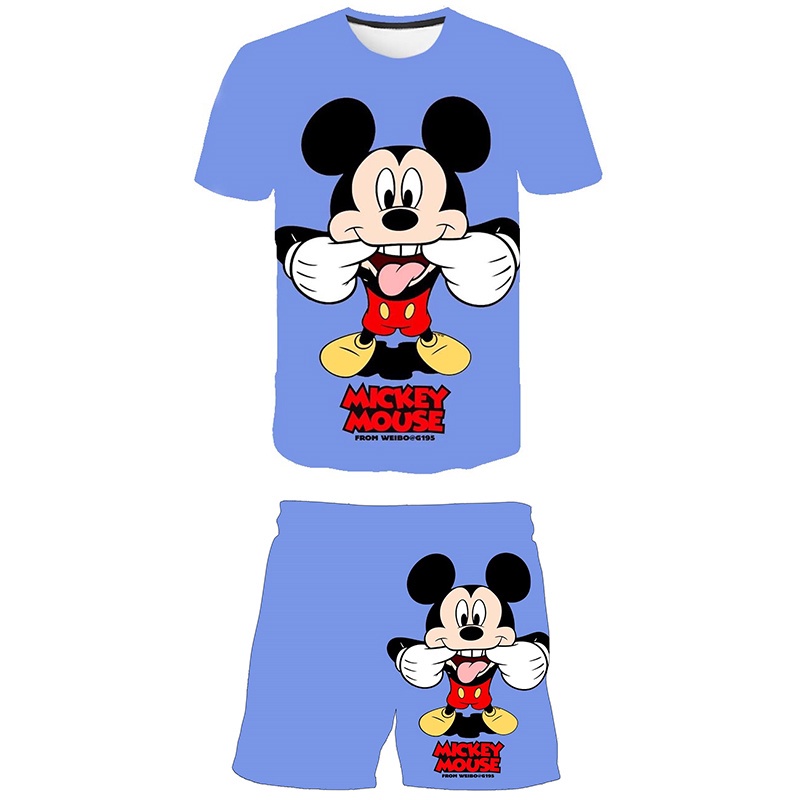 Set Đồ Mùa Hè Gồm Áo Thun In Hình Chuột Mickey + Quần Ngắn In Họa Tiết Hoạt Hình Dễ Thương Thời Trang Cho Bé Trai / Gái 1-14