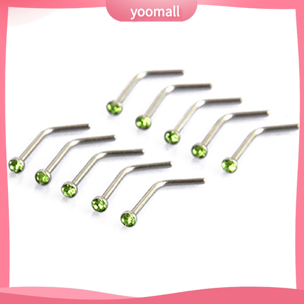 Set 10 Khuyên Mũi Thép Không Gỉ Đính Đá Nhân Tạo Thời Trang