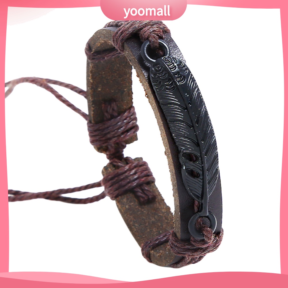 Vòng Tay Giả Da Dây Bện Phối Mặt Hình Lông Vũ Có Thể Điều Chỉnh Kích Cỡ Cho Nam