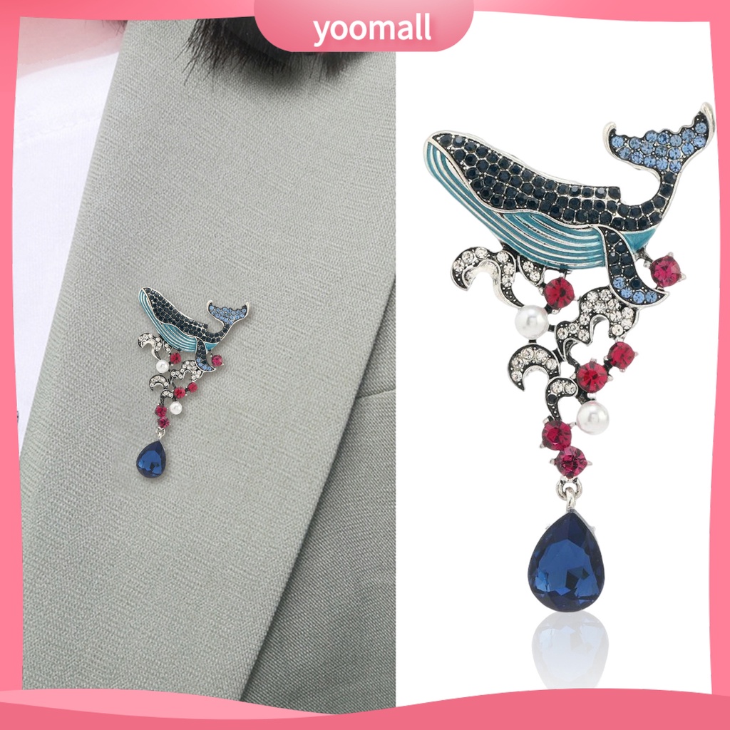 Ghim Cài Áo Hình Cá Voi Đính Đá Tráng Men Phong Cách Vintage