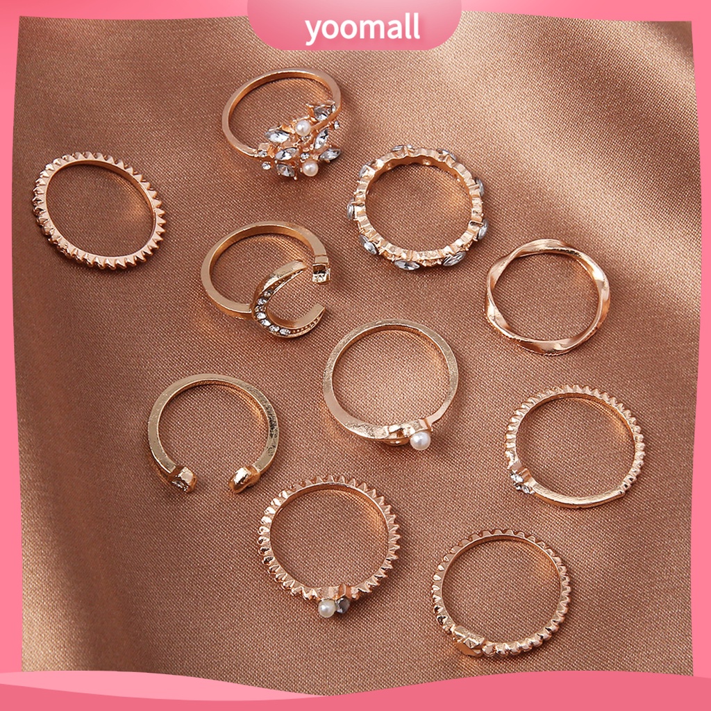 Bộ 10 Nhẫn Thời Trang Hình Học / Lá / Mặt Trăng / Trái Tim Không Phai Màu Trọng Lượng Nhẹ Cho Nữ