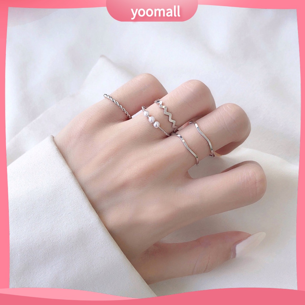 Bộ 5 Nhẫn Đính Ngọc Trai Giả Phong Cách Hàn Quốc / Nhật Bản / Nhật Bản Độc Đáo Thời Trang Dự Tiệc Cưới