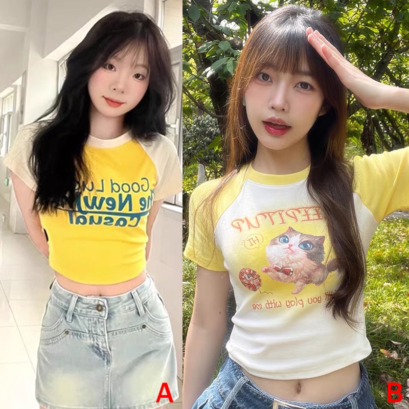 Áo Thun Cotton Croptop Cổ Tròn Thời Trang Mùa Hè Cho Nữ