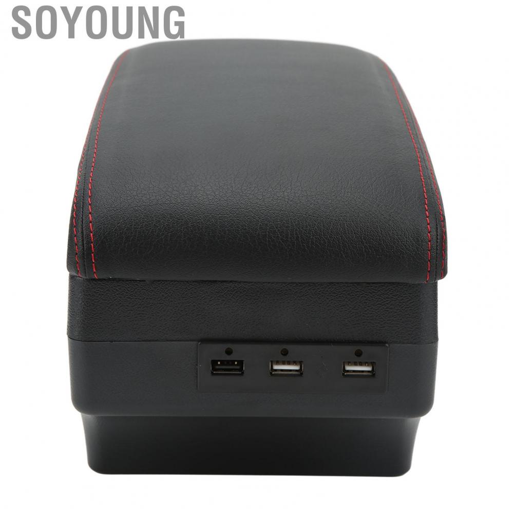 Soyoung Armrest Box Center Console Organizer 7 USB Ports Front Rear Expansion Black for Auto Interior