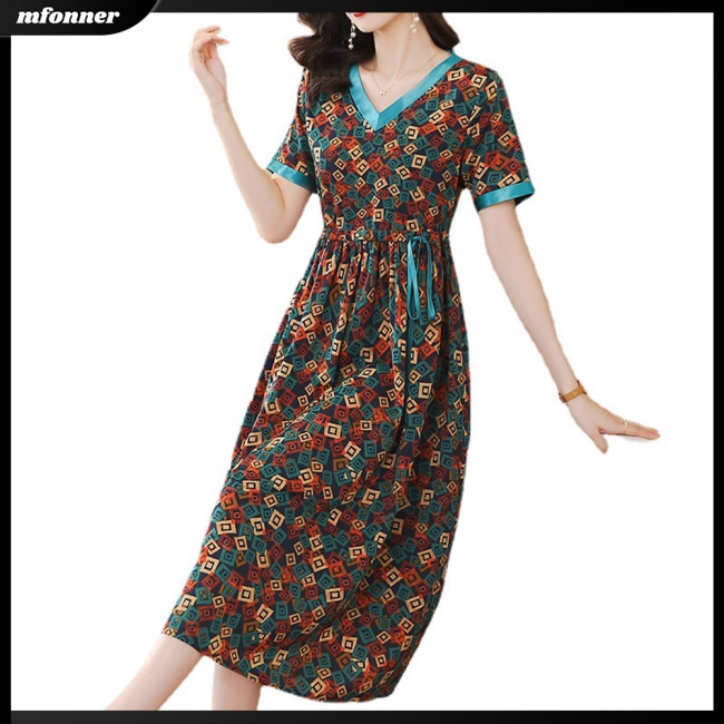 Đầm Midi Tay Ngắn Cổ Chữ V Eo Cao Màu Sắc Tương Phản Thanh Lịch Dành Cho Nữ