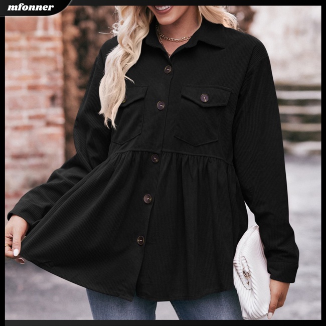 Áo Khoác Nhung Kẻ Tay Dài Màu Trơn Cài Nút Có Túi Dành Cho Nữ