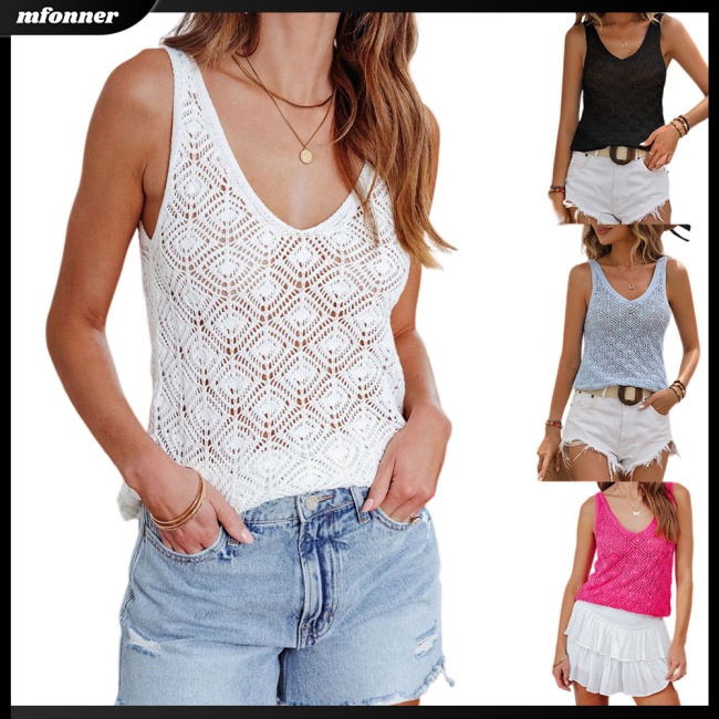 Áo Tank Top Dệt Kim Cổ Chữ V Thoáng Khí Màu Sắc Đơn Giản Cho Nữ