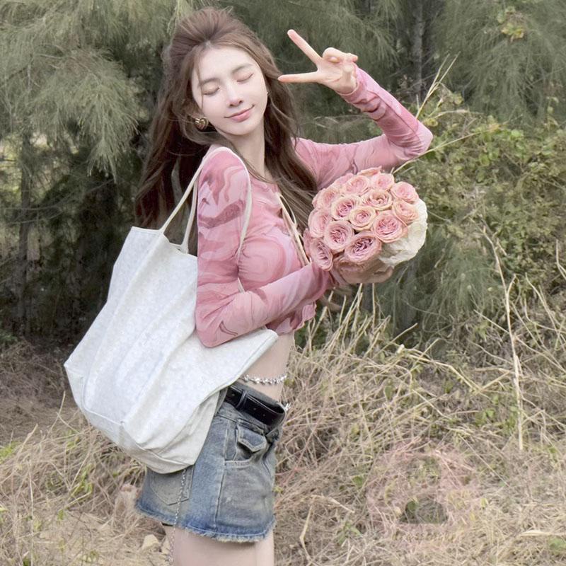 Áo Thun Tay Dài Cổ Tròn In Màu Nhuộm Phối Lưới Thời Trang Cho Nữ