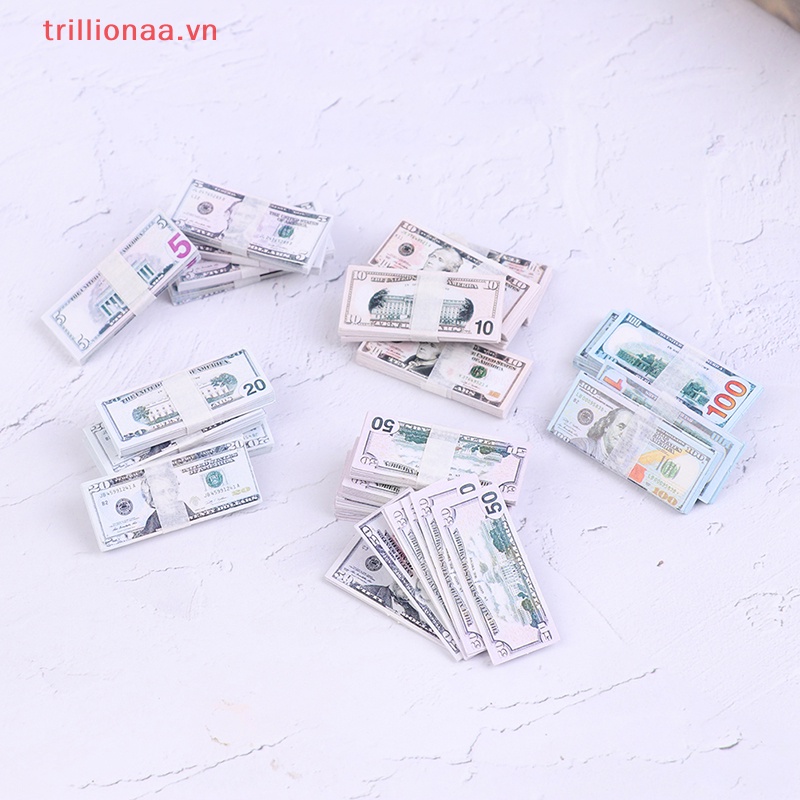 Set 100 Tờ Tiền Đô La 5 / 10 / 20 / 50 / 100 Trang Trí Nhà Búp Bê 1: 12