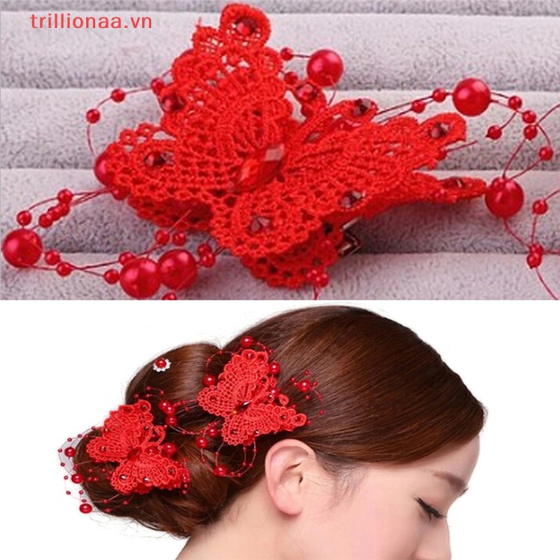 1 Kẹp Tóc Hình Bướm Đính Ngọc Trai Cho Cô Dâu