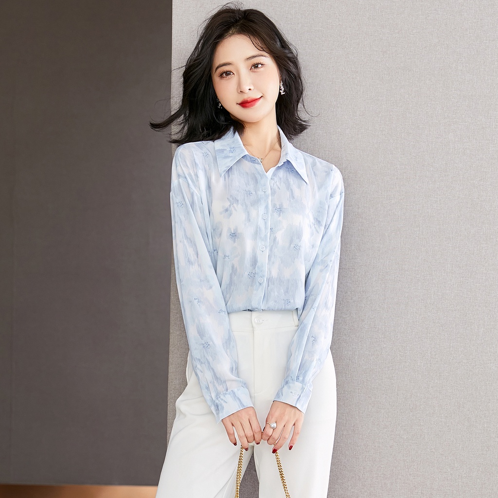 Áo Sơ Mi Chiffon Tay Dài Dáng Rộng In Hoa Màu Sắc Đơn Giản Thời Trang Mùa Thu Cao Cấp Cho Nữ