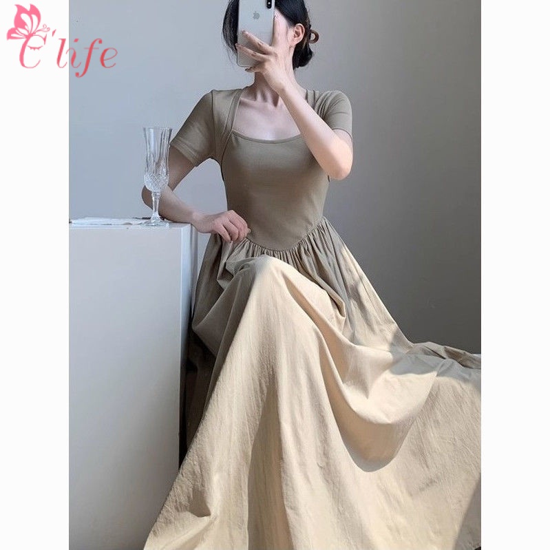 Đầm Cổ Vuông Dáng Ôm Phong Cách Pháp Thời Trang Sang Trọng Cho Nữ