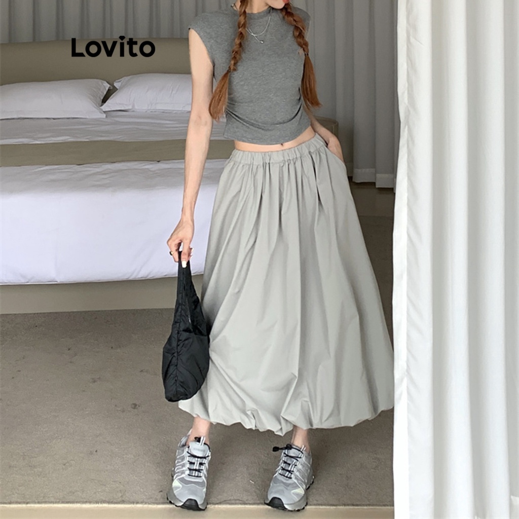 Lovito Váy maxi chữ A trơn đơn giản cho nữ LNE15103 (Xám)