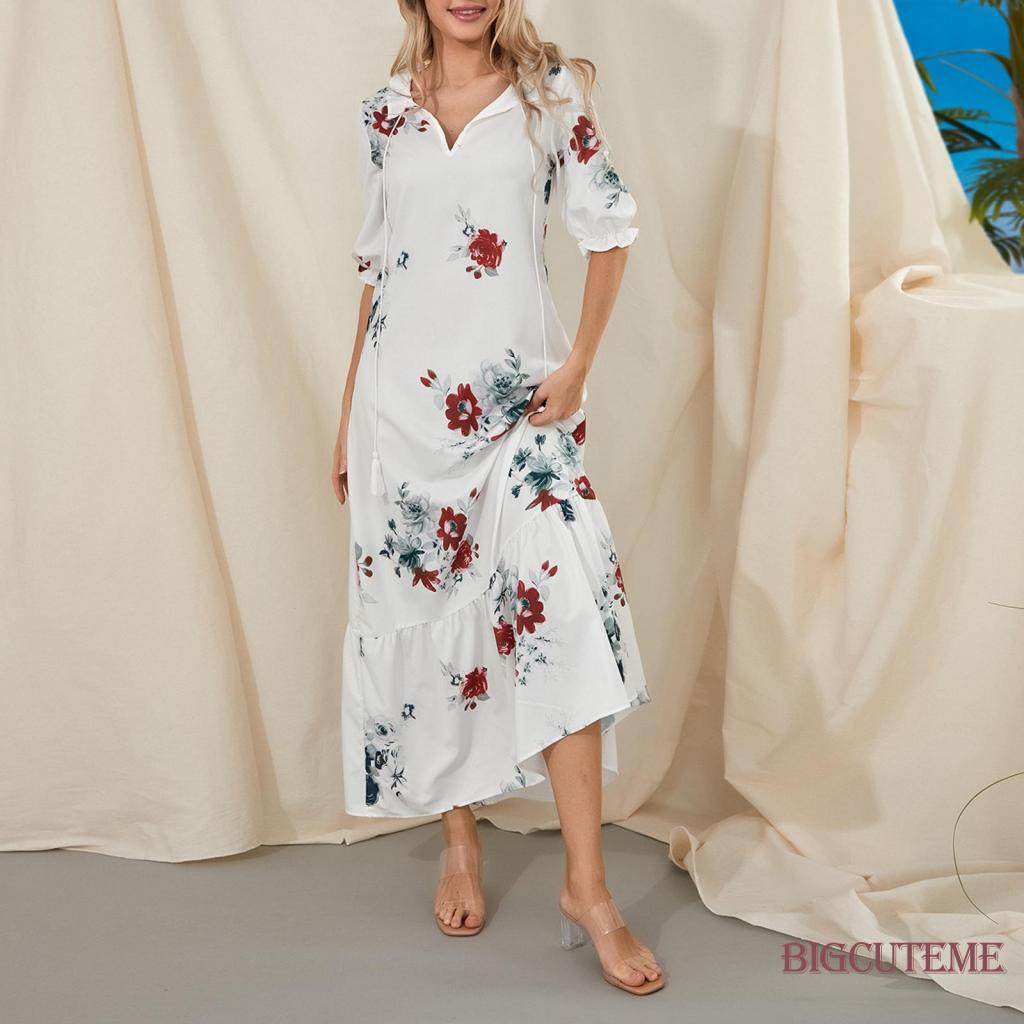 Đầm Dài Dáng Rộng Tay Ngắn Cổ Chữ V In Họa Tiết Hoa / Đồ Họa Thời Trang Mùa Hè Xinh Xắn Cho Nữ