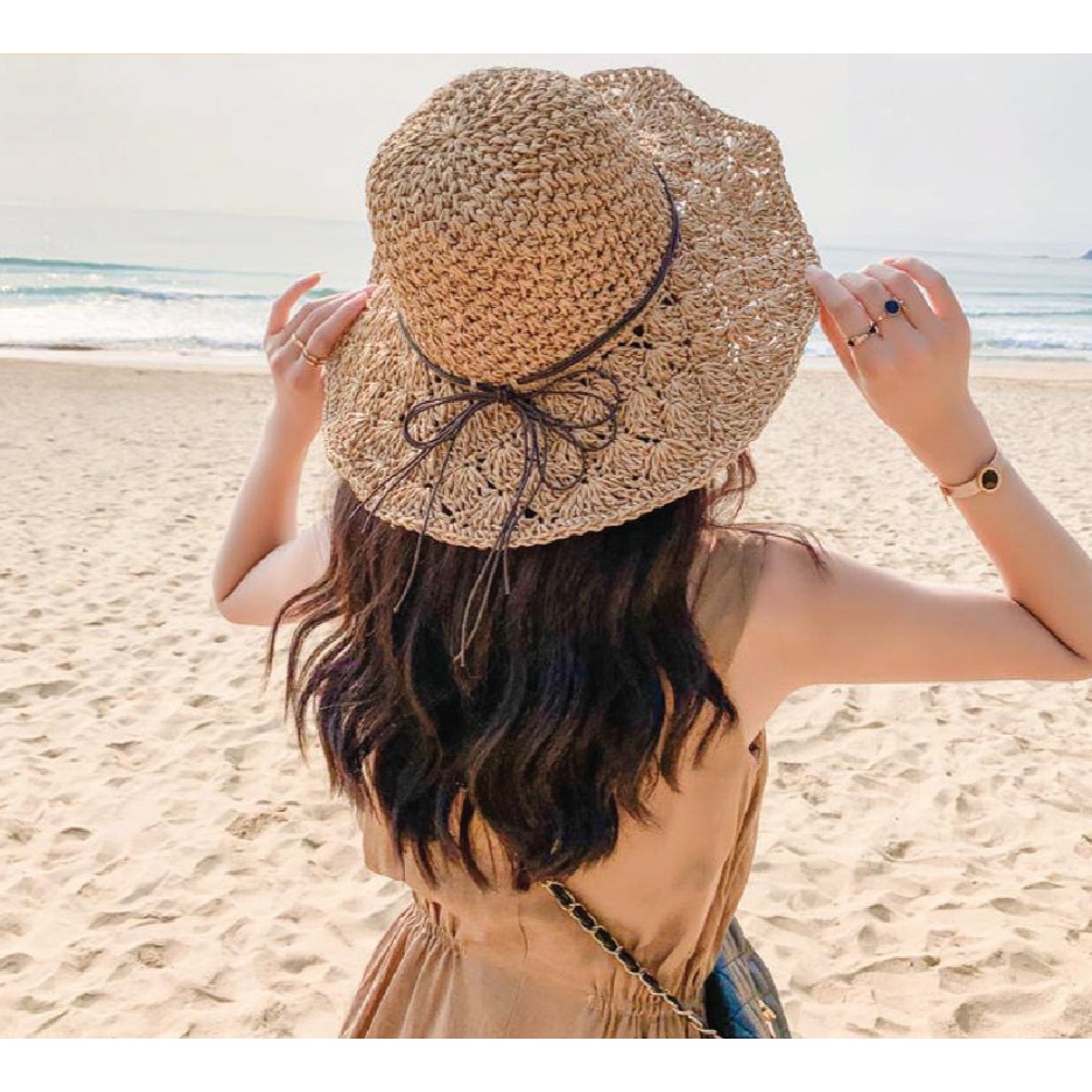 MŨ / NÓN CÓI ( ĐI BIỂN ) MỀM VINTAGE THẮT NƠ DA