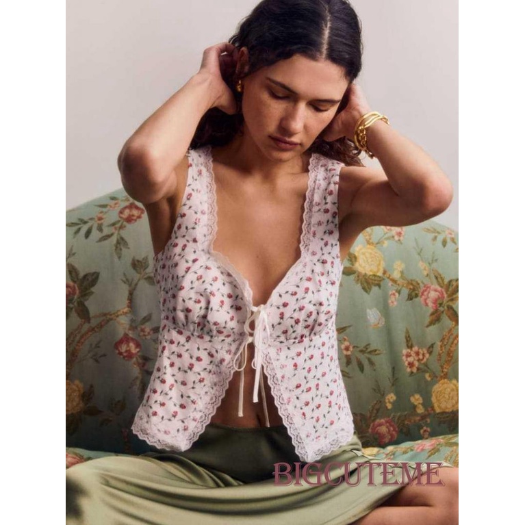 Áo Tank Top Không Tay In Hoa Phối Ren Thời Trang Mùa Hè Cho Nữ