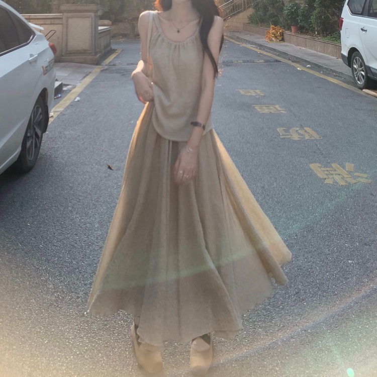 Set Áo Khoác Cardigan Dệt Kim + Áo Tank Top Hai Dây + Chân Váy Lửng Thời Trang Nữ