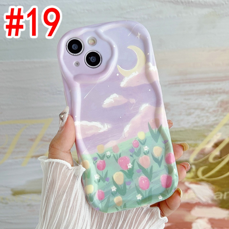 Soft Casing for iPhone 15 14 Pro Max 13 12 11 ProMax X XS XR 7 8 6 6S Plus SE 2020ins Cream Edge Pink Purple Oil painting Moon cloud Starry sky Sea of Flowers Fine Hole Airbag Shockproof Protection Phone Case STN 19