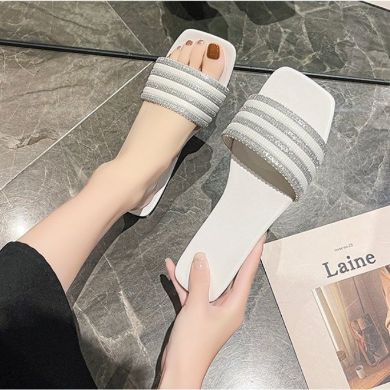 Dép Sandal Đế Bằng Mũi Vuông Đính Đá Phong Cách Thời Trang Hàn Quốc Có size Lớn 35-42 Dành Cho Nữ
