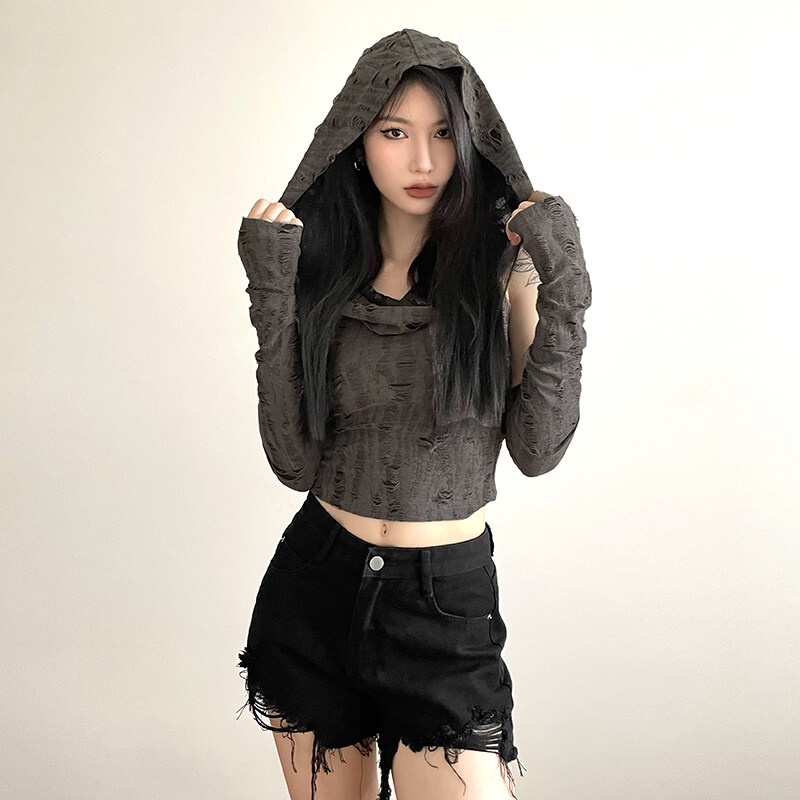 Kliou Mới Áo Croptop Sát Nách Có Mũ Trùm Khoét Lỗ Dáng Ôm Màu Xám Trơn Đơn Giản Mùa Hè Cho Nữ