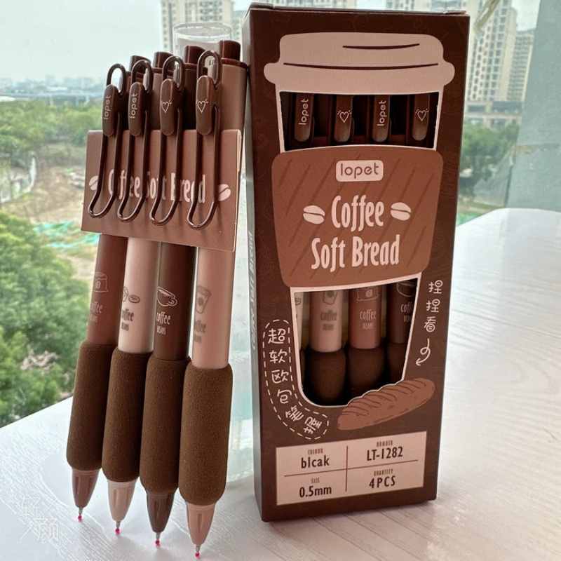 Bút Gel Bấm LOPET COFFEE Mực Đen Ngòi 0.5mm Phù Hợp Viết Sổ Calligraphy, Mực đều viết siêu êm