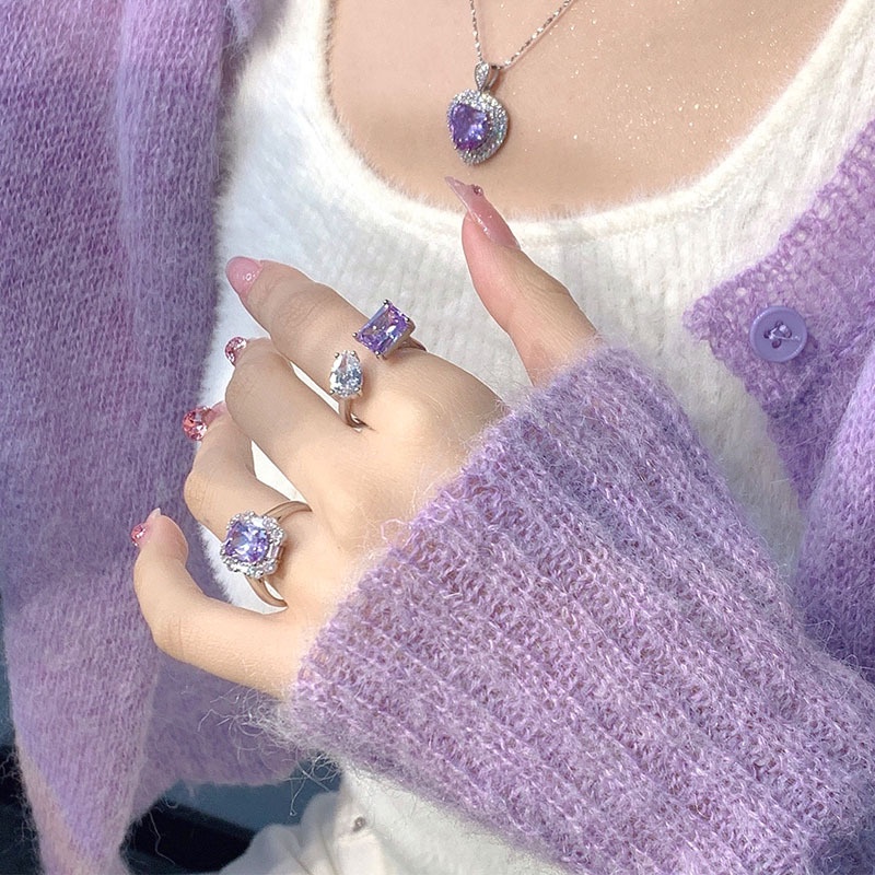 Nhẫn Hở Đính Đá Zircon Màu Tím Thời Trang Có Thể Điều Chỉnh Kích Thước