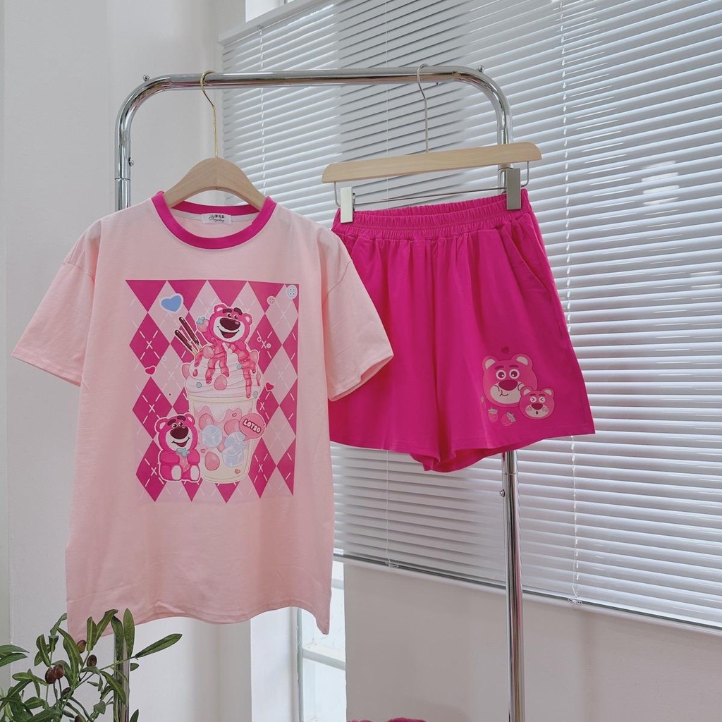 Set bộ gấu dâu siêu dễ thương chất thun co giãn 4 chiều mát mẻ