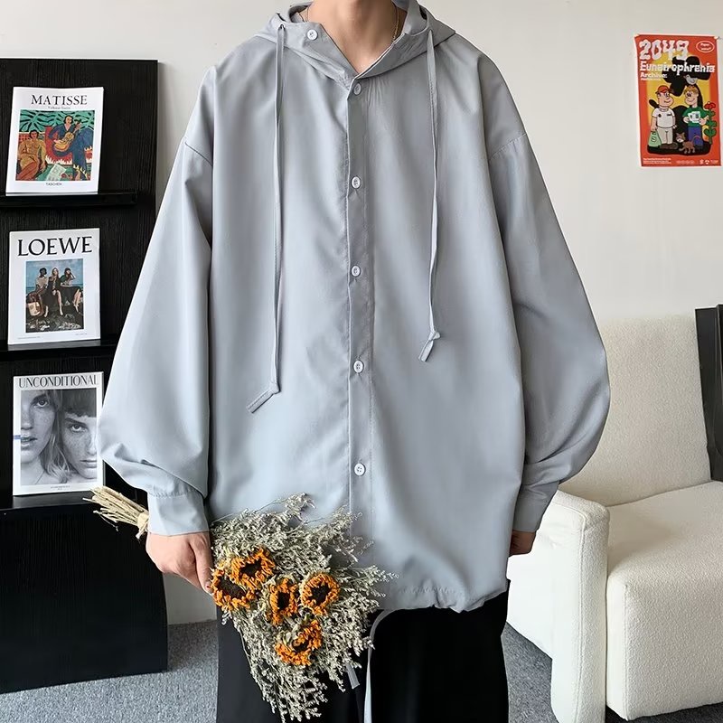 【M-2XL】Áo Sơ Mi Fom Rộng Có Mũ Tay Lỡ Thời Trang Trẻ Trung Phong Cách Hàn Quốc Màu Trơn Thời Trang Thường Ngày