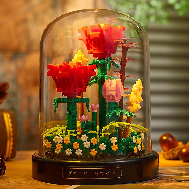 Bộ Đồ Chơi Lắp Ráp Lego + Hoa Trong Suốt Trưng Bày Trang Trí Để Bàn