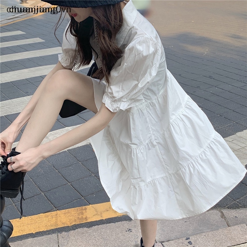 Đầm Denim Mini Dáng Chữ A Tay Phồng Lưng Cao Thời Trang Mùa Hè Cho Nữ