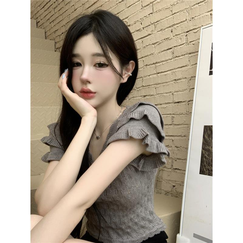 Áo Sweater Tay Ngắn Phồng Bằng Lụa Lạnh Thiết Kế Mới Dễ Phối Đồ Cho Nữ