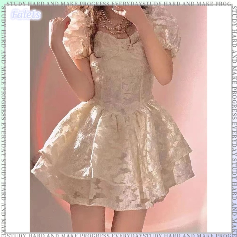 Váy Búp Bê Jacquard Mẫu Mới Mùa Xuân Và Mùa Hè, Váy Tay Phồng, Váy Công Chúa Cổ Vuông Khâu Ngọt Ngào Phong Cách Retro