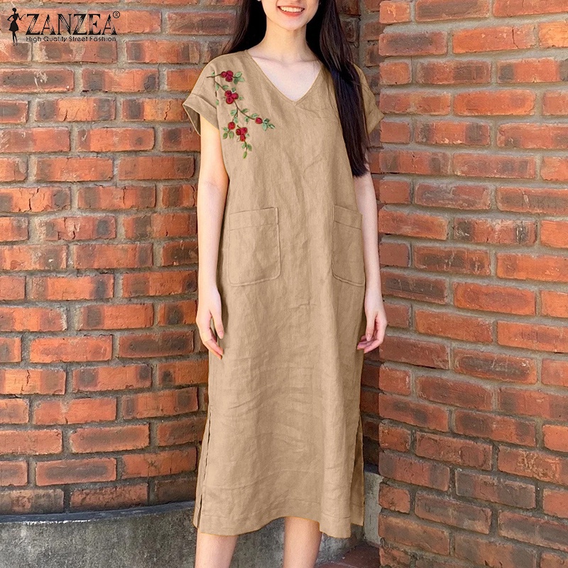 Đầm ZANZEA cotton linen cổ chữ V ngắn tay phối túi thêu họa tiết phong cách Hàn Quốc thời trang dành cho nữ